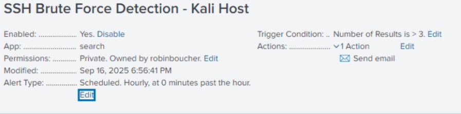 Action déclenchée Splunk